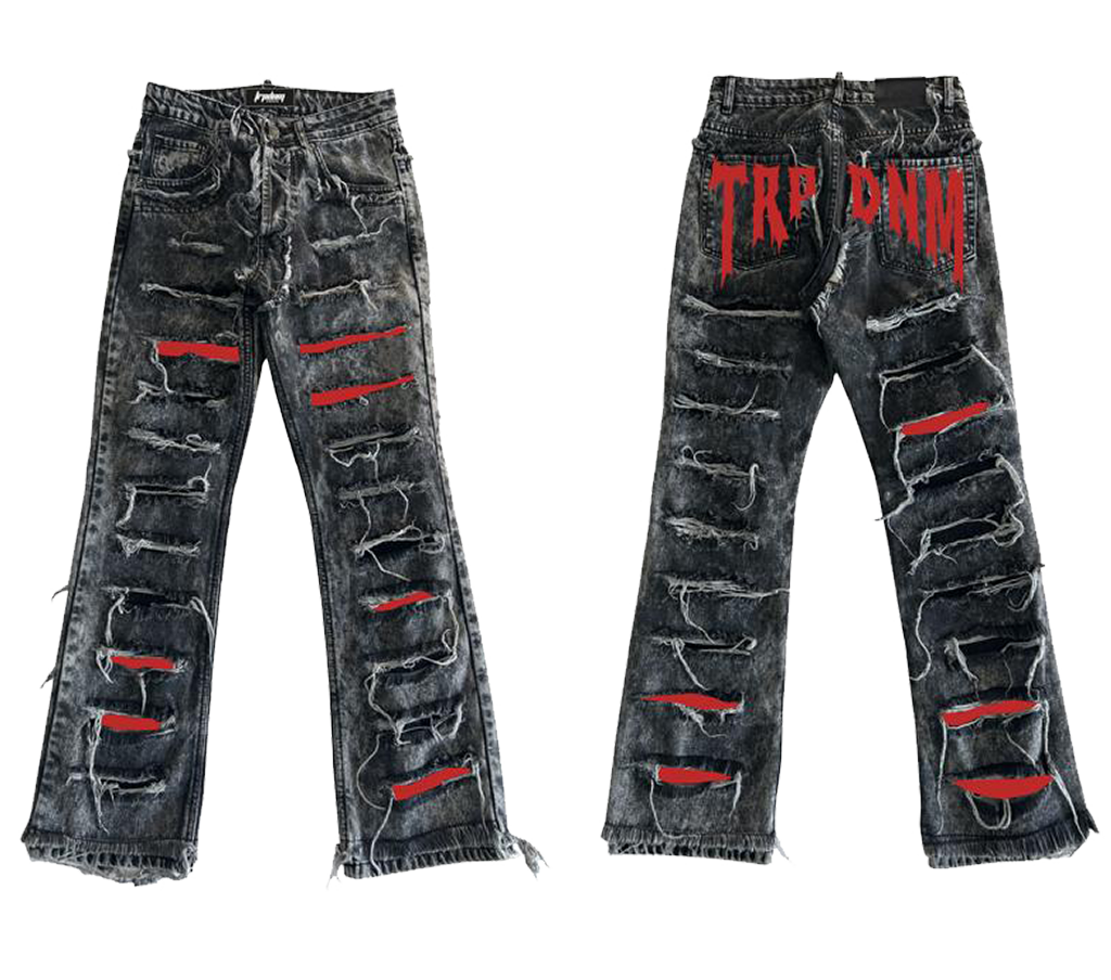 Red print ripped flare denim "Ignis" collection
