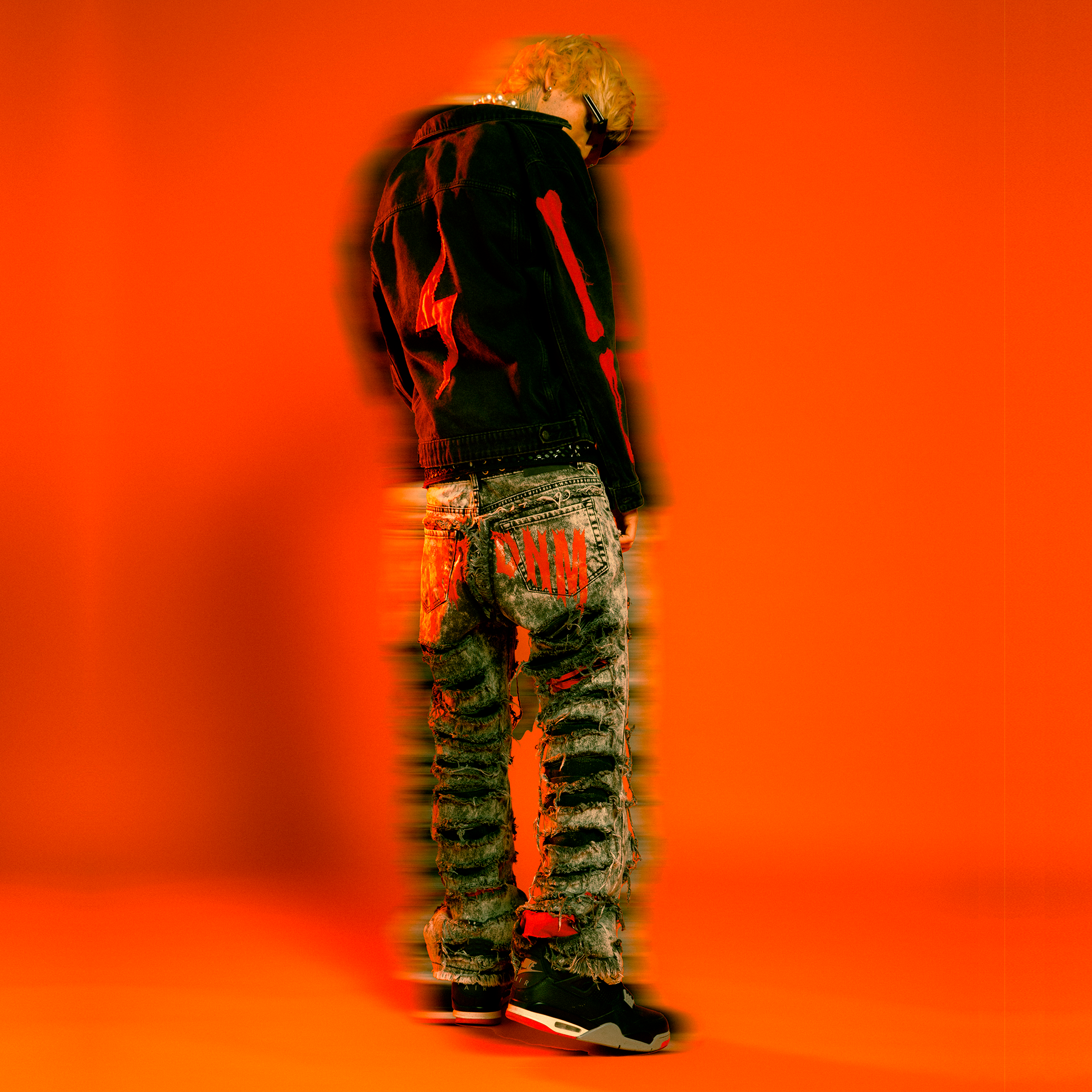 Red print ripped flare denim "Ignis" collection