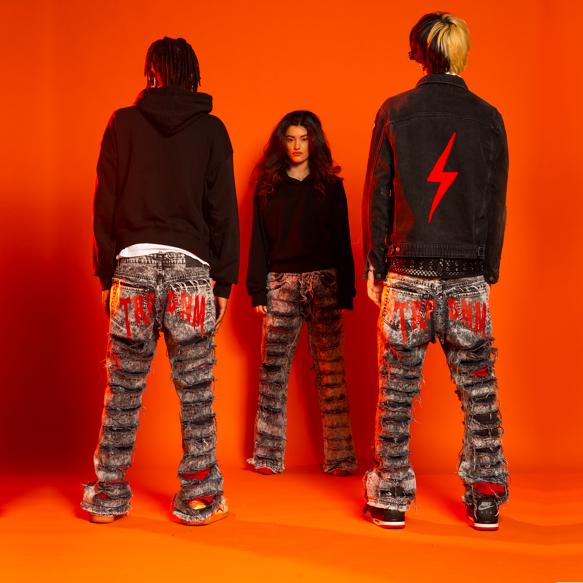 Red print ripped flare denim "Ignis" collection