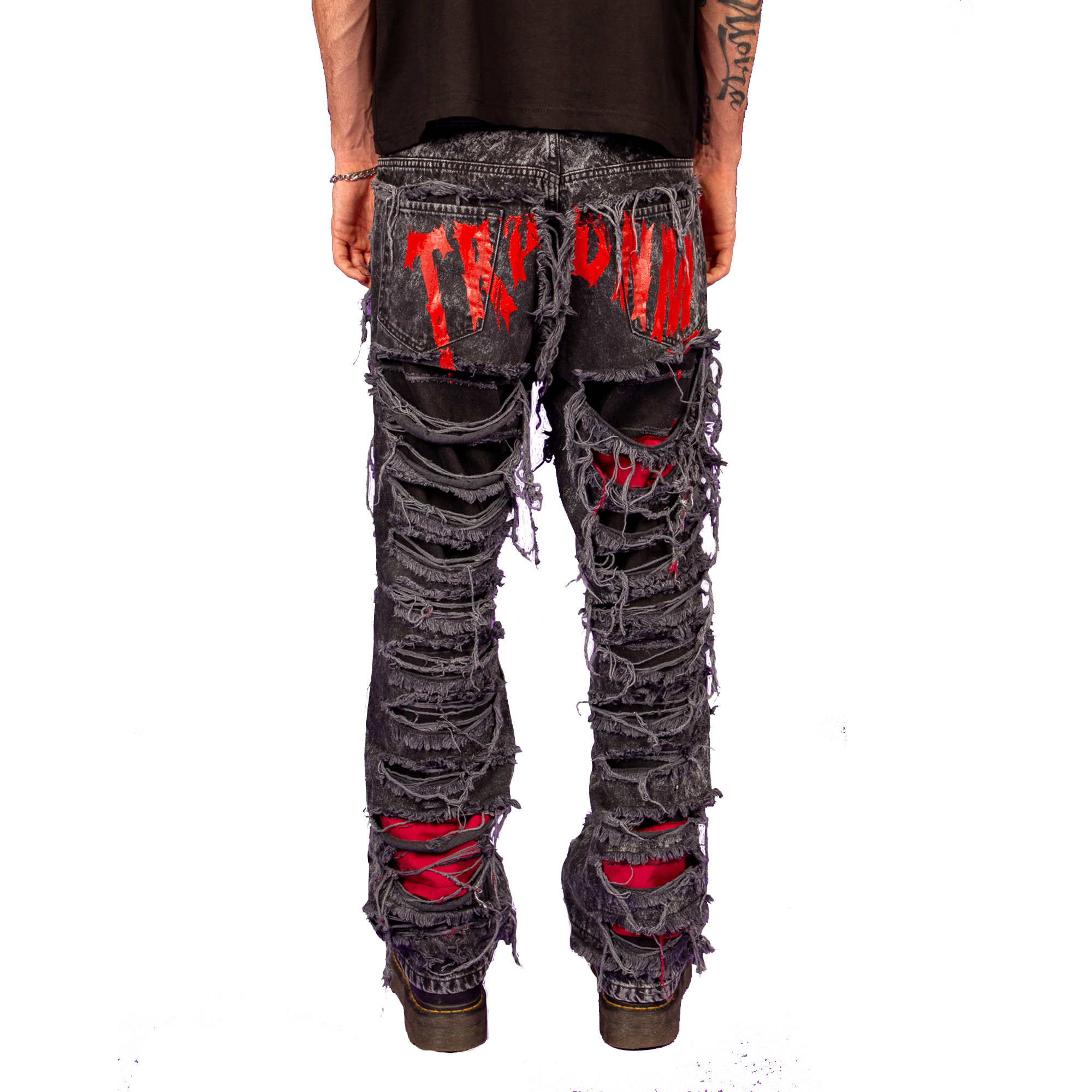 Red print ripped flare denim "Ignis" collection