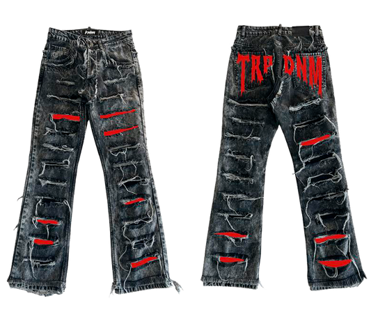 Red print ripped flare denim "Ignis" collection